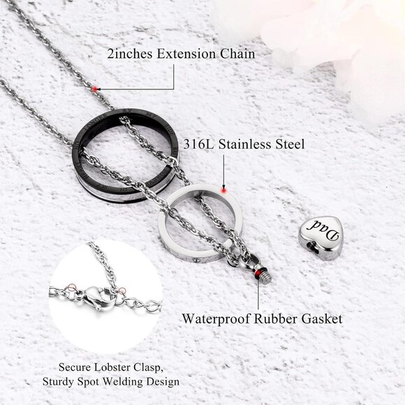 Silver Black Heart Pendant Cremation Necklace for Ashes with Adjustable Chain - Picture 3 of 7